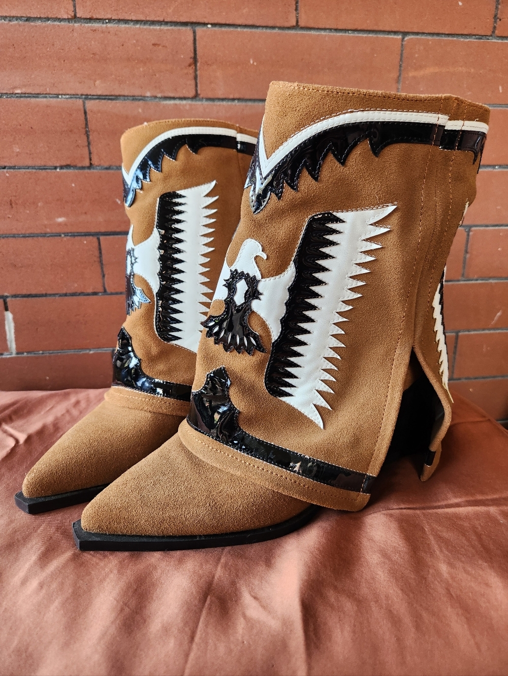 Filles A Papa Style Suede Ankle Boots in Tan with Black & White Detailing